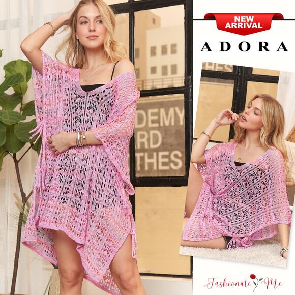 ADORA Multicolor Crochet Dolman Sleeves Side Open Tie Cover Up Tunic Top | Pink - Picture 1 of 6